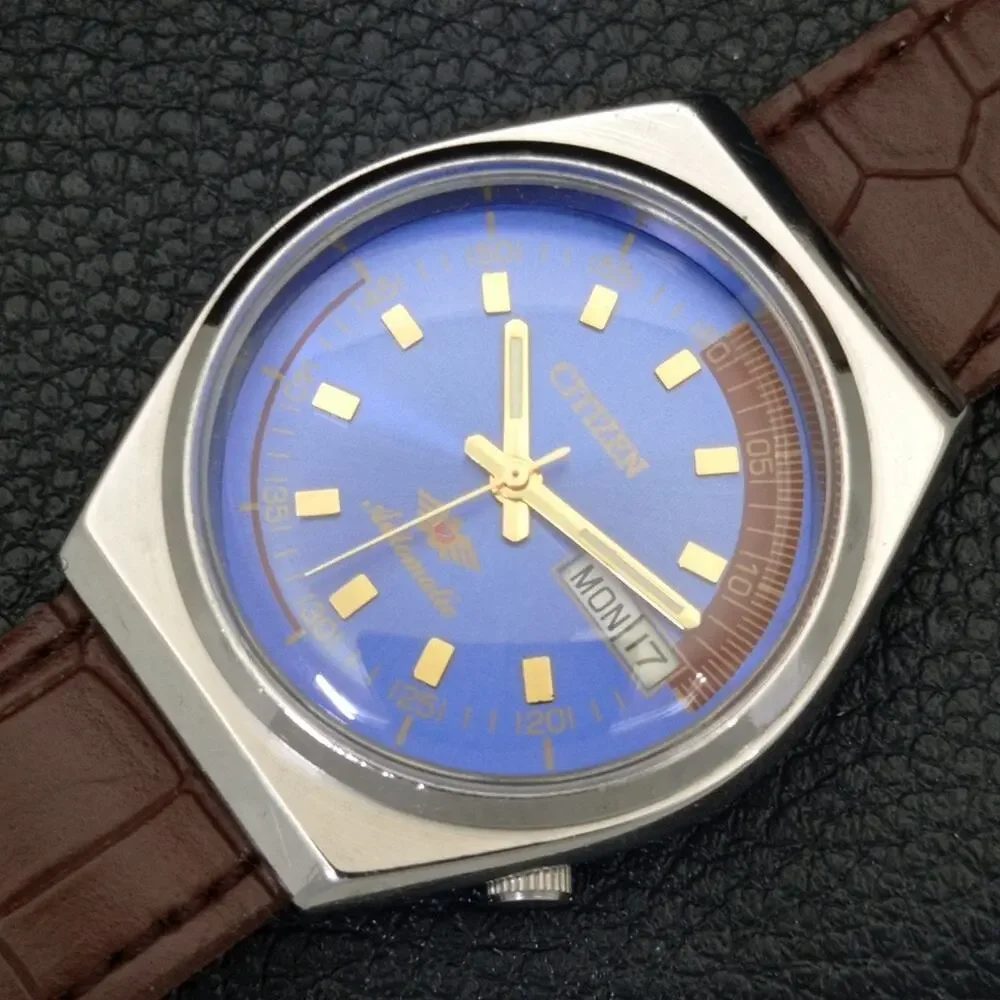 Vintage 1978 Citizen Automatic Mens Silver Watch W/daydate & Blue accents